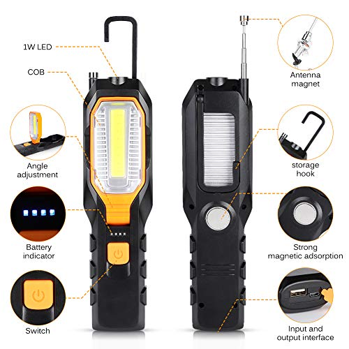 Linterna de Trabajo LED, Haofy Linterna Taller COB USB Recargable, Lámpara de Inspección Banco de Energía con Base Magnética y Gancho, para Taller Reparación de Automóviles Emergencia Garaje, 4 Modos
