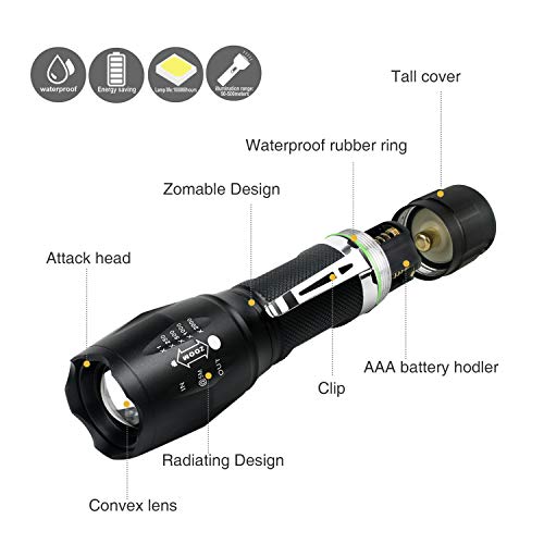 Linterna LED Recargable Alta Potencia T6 de enfoque ajustable portátil resistente al agua Camping linterna 5 Modo de luz, 2 x Batería incluidas,Carga USB
