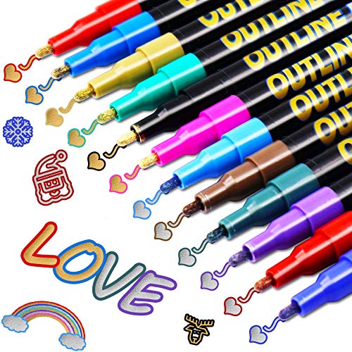 Los Bolígrafos de Contorno,VEERUN 12 Colores Brillantes Fluorescentes Bolígrafo para Deslumbrar, para Escribir Tarjetas de Regalo,Felicitaciones de Cumpleaños,(6 Líneas de Oro + 6 Líneas de Plata)