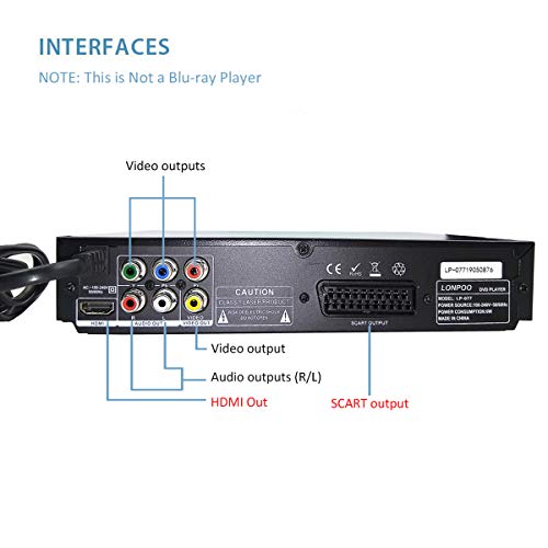 LP-077 Reproductor de DVD para TV, Reproductor de DVD CD con Salida HDMI y AV (Cable HDMI y AV Incluido), Puerto Scart, Puerto Mic, Entrada USB, Diseño de Caja de Metal