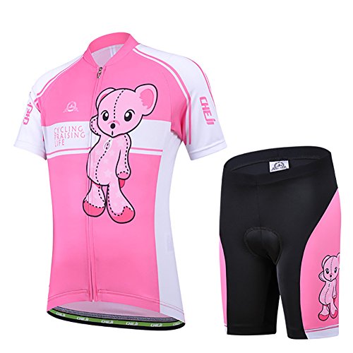 LSHEL Maillot de Ciclismo Niños, Conjunto Ropa Niños Niñas Manga Corta y Pantalones Cortos Transpirables, Rosado, 6-7 años