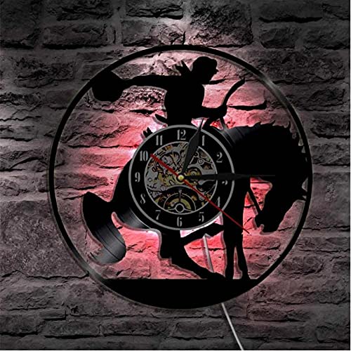 LTMJWTX Lámpara de Pared de Vaquero con luz de Noche Occidental, Montura de Caballo, Reloj de Pared con Registro de Vinilo, Reloj Decorativo Vintage para Pared, Reloj Colgante