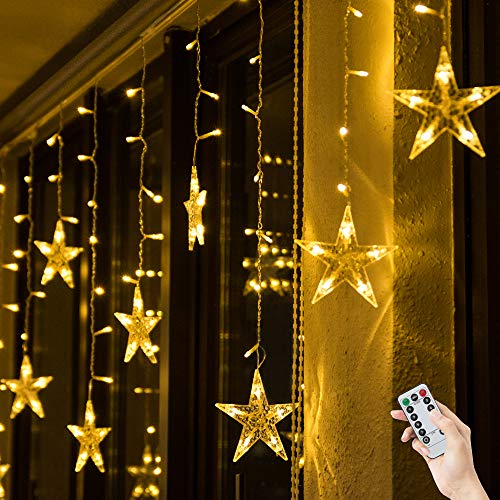 Luces de Cortina de Estrella, BLOOMWIN 3m x 0.65m 12 Estrellas Cortina Luz LED Navidad Interior, 120 LEDs Control Remoto 8 modos Luces Cortina de Navidad para Ventanas Balcon