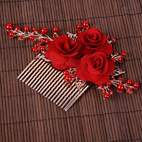 Lurrose Peine rojo para el cabello con flores y perlas y accesorios de pelo de diamantes de imitación decoración