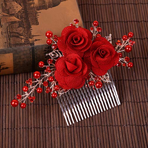 Lurrose Peine rojo para el cabello con flores y perlas y accesorios de pelo de diamantes de imitación decoración