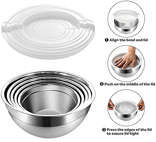 Luvan - Cuencos para mezclar de acero inoxidable 304 con tapas, juego de 5 ,cuencos para ensaladas anidados, aptos para lavavajillas, apilables para un fácil almacenamiento, versátiles en la cocina