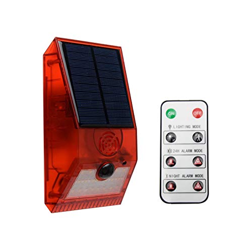 Luz estroboscópica solar con detector de movimiento Luz de alarma solar con control remoto 129db Luz de sirena de seguridad de sonido 6 modos IR intermitente IP55 impermeable