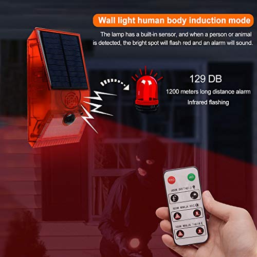 Luz estroboscópica solar con detector de movimiento Luz de alarma solar con control remoto 129db Luz de sirena de seguridad de sonido 6 modos IR intermitente IP55 impermeable