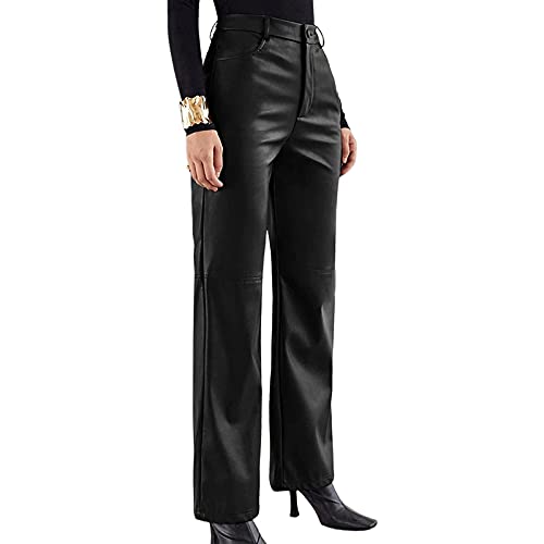 Madger Las mujeres de cuero sintético pantalones de cintura alta recta pierna ancha polainas color sólido Punk PU pantalones Y2K moda vintage Streetwear, Negro, M