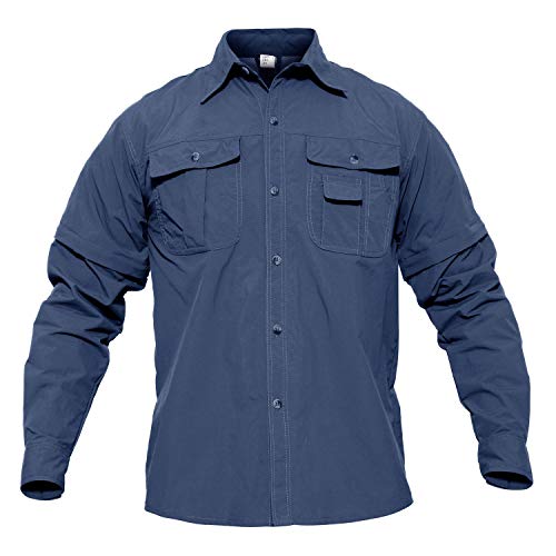 MAGCOMSEN Camisa de manga larga para hombre convertible, transpirable, de secado rápido, para senderismo, trabajo, militar,, Hombre, MCSSM-64-Blue-L, azul, M