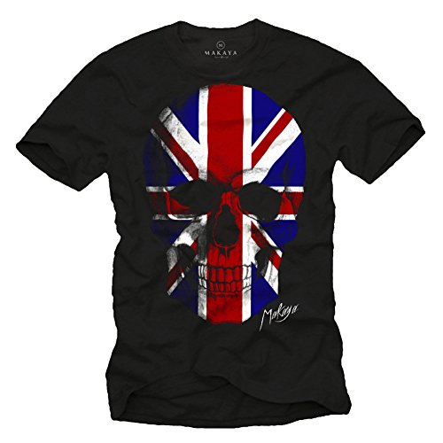 MAKAYA Camiseta con Bander Inglesa - Union Jack Craneo - Negra XXL