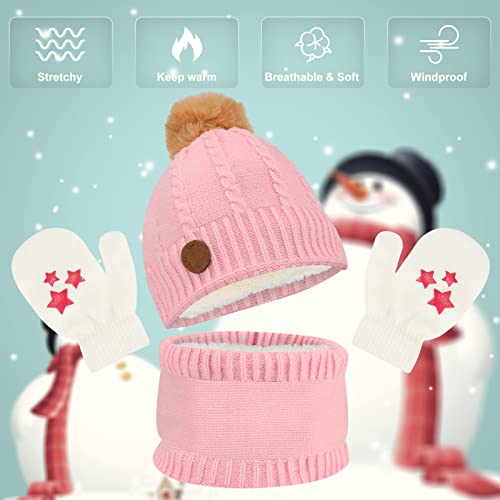 Makone juego de guantes y gorro de burbuja para niños, forro polar de punto grueso y cálido, adecuado para niñas de 6 meses a 2 años (rosa)