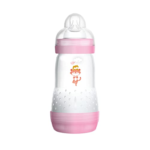 MAM Easy Start - Biberón anticólicos (260 ml), botella de leche con innovadora válvula inferior contra cólicos, botella para bebé con tetina, tamaño 1, desde el nacimiento, tigre