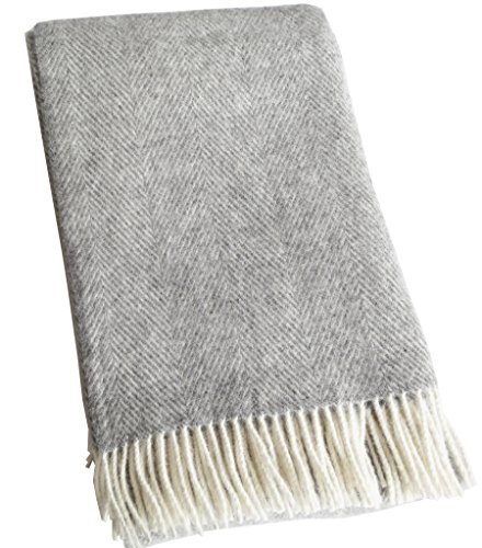 Manta (100% lana virgen neozelandesa Ökotex 100, aprox. 220 x 130 cm, con flecos), color crema y gris