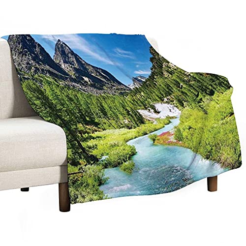 Manta con diseño de río Rainforest con montañas rocosas Siberia Whitewater Altai Pine Forest manta ligera para sofá, cama, camping, viajes, manta de franela, regalo de agradecimiento, 125 x 150 cm