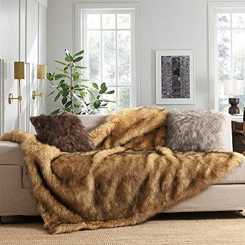 Manta de felpa de piel sintética de lujo, pelo largo amarillo dorado con manta de punta negra, súper cálida, esponjosa, para sofá, sillón, sofá y cama, 125 x 150 cm
