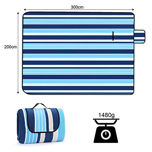 Manta de pícnic de 200 x 300 cm, para exterior, playa, impermeable, para camping, camping, picnic, viaje (rayas azules)