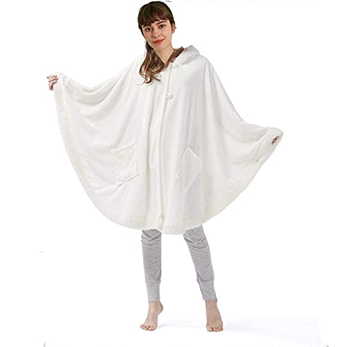 Manta de poncho, ultra suave y cómoda con capucha, manta de forro polar Sherpa para mujer, blanco, talla única
