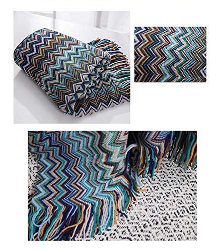 Manta de Punto Suave Bohemia para Siesta Sofá Blanket Tapiz Ganchillo con Flecos Orlón Veta Elegante Talla Grande Primavera Verano Otoño Invierno Azul