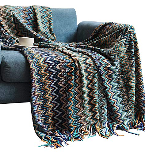 Manta de Punto Suave Bohemia para Siesta Sofá Blanket Tapiz Ganchillo con Flecos Orlón Veta Elegante Talla Grande Primavera Verano Otoño Invierno Azul