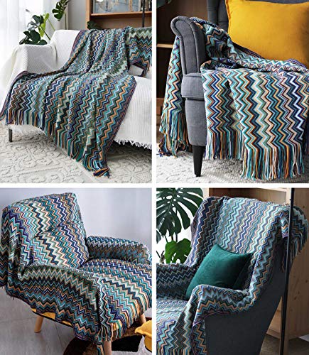 Manta de Punto Suave Bohemia para Siesta Sofá Blanket Tapiz Ganchillo con Flecos Orlón Veta Elegante Talla Grande Primavera Verano Otoño Invierno Azul