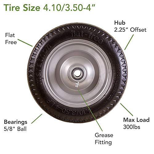 Marathon 4.10/3.5-4"Flat Free Hand Truck Tire on Wheel, 2.2" Offset Hub, 5/8" Rodamientos de bolas, Rodamientos de dientes de sierra