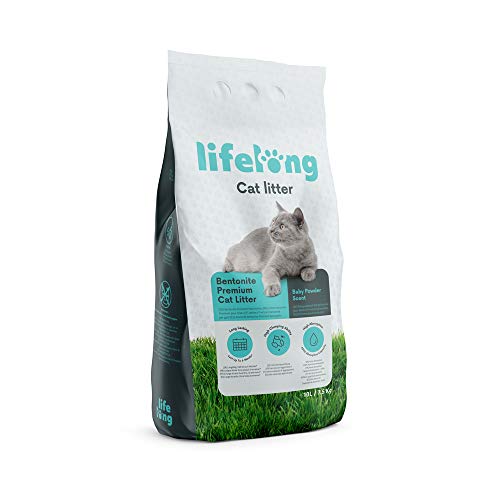 Marca Amazon Lifelong Arena de bentonita para gatos, Premium con perfume de talco 10L