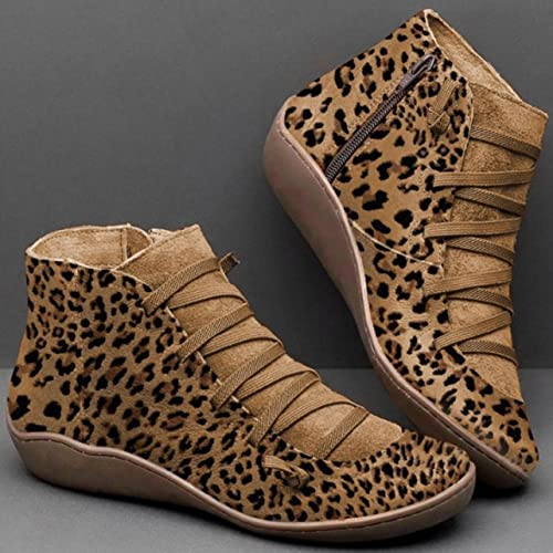 MARSPOWER Otoño e Invierno, Zapatos Casuales para Mujer, Cremallera Lateral, Zapatos Planos Casuales, Moda cálida, Zapatos Planos de Cuero para Mujer, Leopardo 40