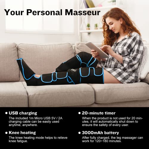 Masajeador de piernas, compresión de aire para piernas con controlador de mano 6 modos 3 intensidades, masajeador de piernas y pies recargable por USB para masaje de pantorrillas/pies/muslos