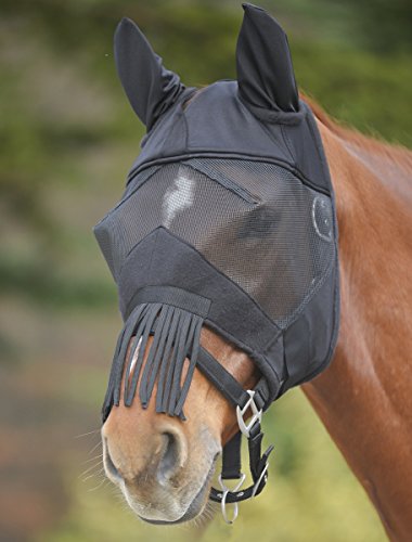Máscara antimoscas para caballo con orejeras y ajuste de nariz con velcro y flecos color negro. Talla: C/S