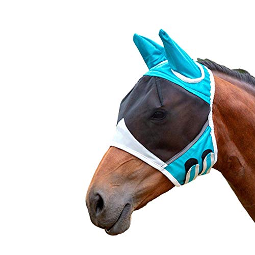 Máscara de mosca de malla fina con orejas transpirable máscara de caballo anti mosquito para caballo azul y blanco M