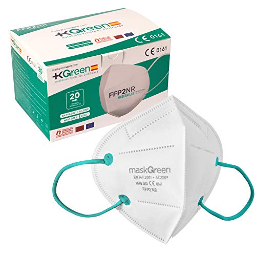 Maskgreen - Mascarilla FFP2 Homologada - Caja 20 Mascarillas FFP2 CE - Fabricadas en España - Alta Protección 97% - Libres de Grafeno - Normativa UNE-EN 149:2001 + A1:2009.