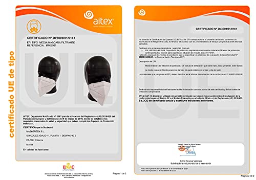 Maskgreen - Mascarilla FFP2 Homologada - Caja 20 Mascarillas FFP2 CE - Fabricadas en España - Alta Protección 97% - Libres de Grafeno - Normativa UNE-EN 149:2001 + A1:2009.