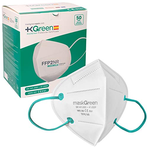 Maskgreen - Mascarilla FFP2 Homologada - Caja 50 Mascarillas de protección CE - Fabricadas en España. - Libres de Grafeno - Normativa UNE-EN 149:2001 + A1:2009 - Mask Green