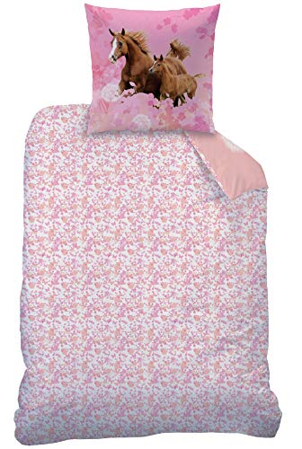 Matt&Rose Ropa de cama para niñas, 135 x 200 cm, 80 x 80 cm, 100% algodón, juego de ropa de cama para niñas, reversible, rosa, marrón, flores y caballos.