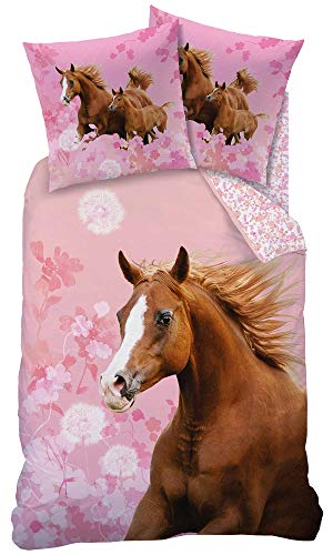 Matt&Rose Ropa de cama para niñas, 135 x 200 cm, 80 x 80 cm, 100% algodón, juego de ropa de cama para niñas, reversible, rosa, marrón, flores y caballos.