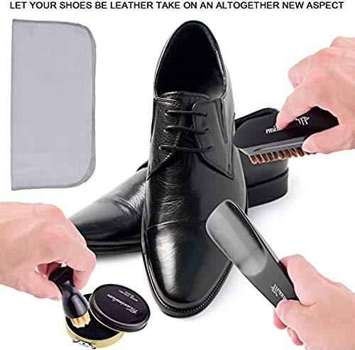 MAXIMILIAN Kit de abrillantador de Zapatos para Cuero, Kit de Limpieza de Zapatos con abrillantador Negro, Betún Neutro para Zapatos, 2 cepillos aplicadores, Cepillo de Crin, Calzador, paño
