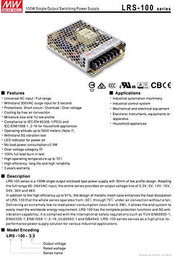 MeanWell Fuente de alimentacion 102W 12V 8.5A Enclosed LRS-100-12 Power Supply AC/DC