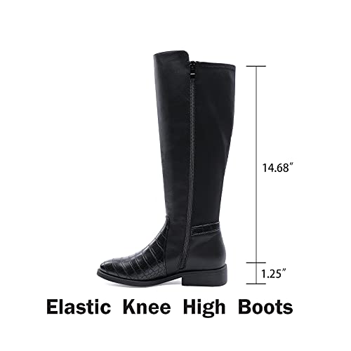 MecKiss Botas altas hasta la rodilla para mujer, botines elásticos planos de tacón bajo con hebilla elástica de invierno, negro PU, 38.5 EU