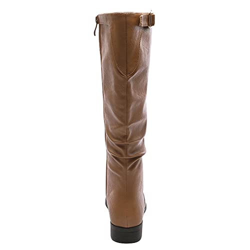 MecKiss Botas altas hasta la rodilla para mujer, zapatos planos de tacón bajo con pliegues para montar a caballo con hebilla de invierno, marrón, 39 EU