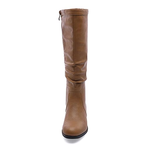 MecKiss Botas altas hasta la rodilla para mujer, zapatos planos de tacón bajo con pliegues para montar a caballo con hebilla de invierno, marrón, 39 EU