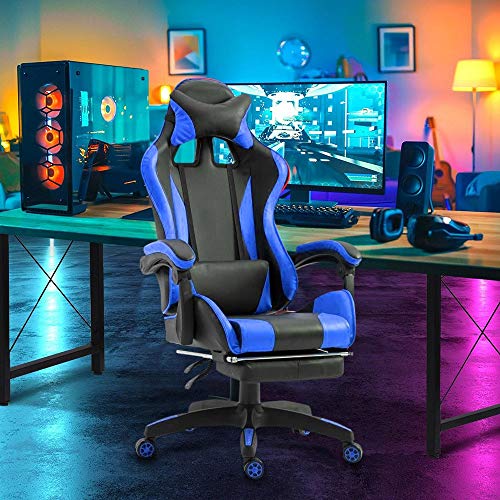 Mediawave Store - Silla de gaming ergonómica AZRACE de piel sintética con reposapiés, asiento deportivo de lujo, silla gamer reposabrazos y reposacabezas cojín lumbar, silla PC (azul)