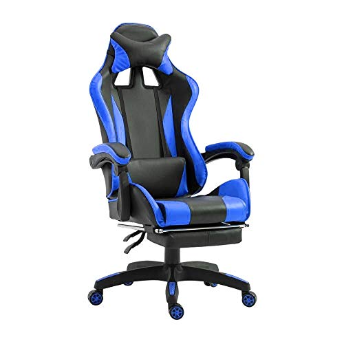Mediawave Store - Silla de gaming ergonómica AZRACE de piel sintética con reposapiés, asiento deportivo de lujo, silla gamer reposabrazos y reposacabezas cojín lumbar, silla PC (azul)