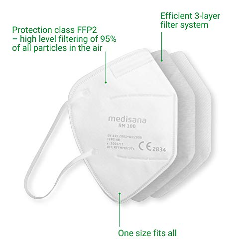 medisana FFP2 mascarilla de protección, RM 100, máscara respiratoria, contra el polvo, 25 piezas empaquetadas individualmente en bolsa de PE con clip - certificado CE2834 - UE 2016/425