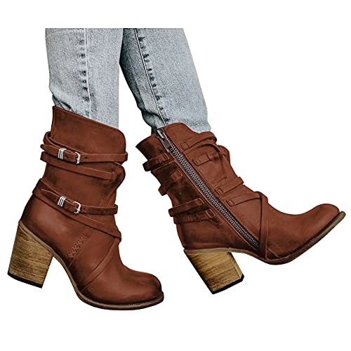 MEIPIQI Botas vintage para mujer, tacón cuadrado grande, botines de punta redonda con cremallera, botas de goma para mujer, botas de caña media, marrón, 39 EU