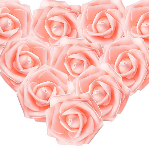 MEJOSER 50pcs Flores Rosas Artificiales en Espuma Cabezas de Rosa 7cm Rosas Falsas Decoración Boda Mesa Fiesta San Valentín Hogar Manualidades Oso Color de Champán