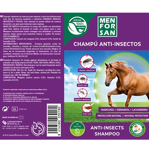 MENFORSAN Champú Anti-Insectos con Margosa, Geraniol y Lavandino para Caballos 1L | Protégelo de Cualquier Insecto