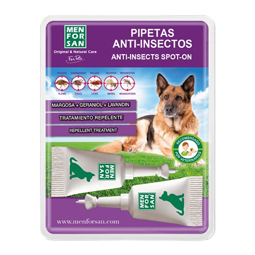Menforsan Pipetas Anti-Insectos para Perros con Margosa, Geraniol Y Lavandino | Contra Pulgas, Garrapatas E Insectos | 1 Mes De Protección | 2 Unidades 200 g