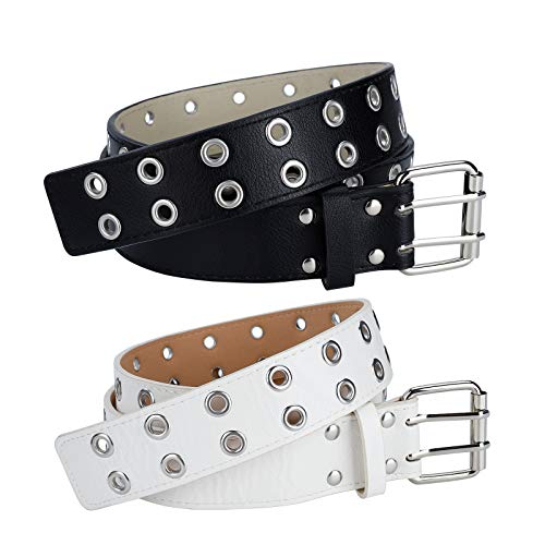 MengH-SHOP Cinturón de Cuero de Doble Ojal de Piel PU Cinturón Punk de 2 Agujeros Cinturón con Ojales para Mujeres y Hombres 2 Piezas (Negro y Blanco)