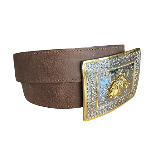 Micuari Cinturón de piel marrón con hebilla estilo western cowboy cabeza de caballo (30)